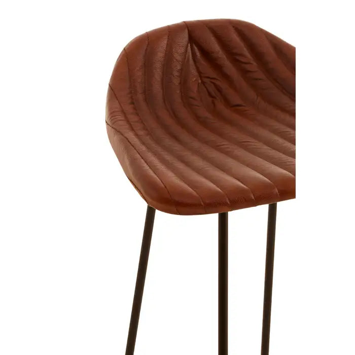 Elegant Brown Leather Bar Stool – Black Iron Frame & Contemporary Design