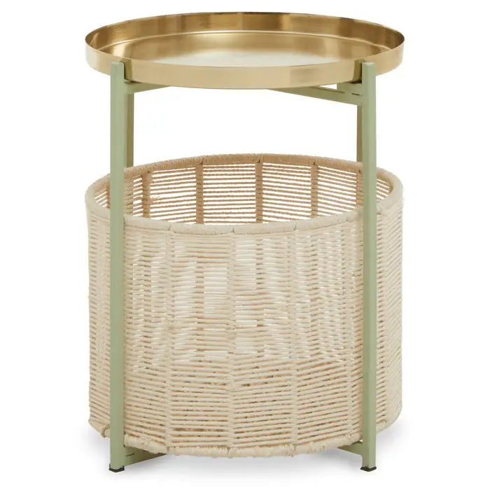 Elegant Gold & Green Metal Side Table – Wicker Basket Storage