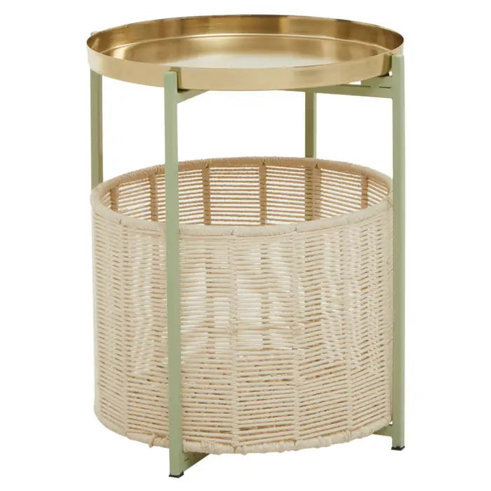 Elegant Gold & Green Metal Side Table – Wicker Basket Storage