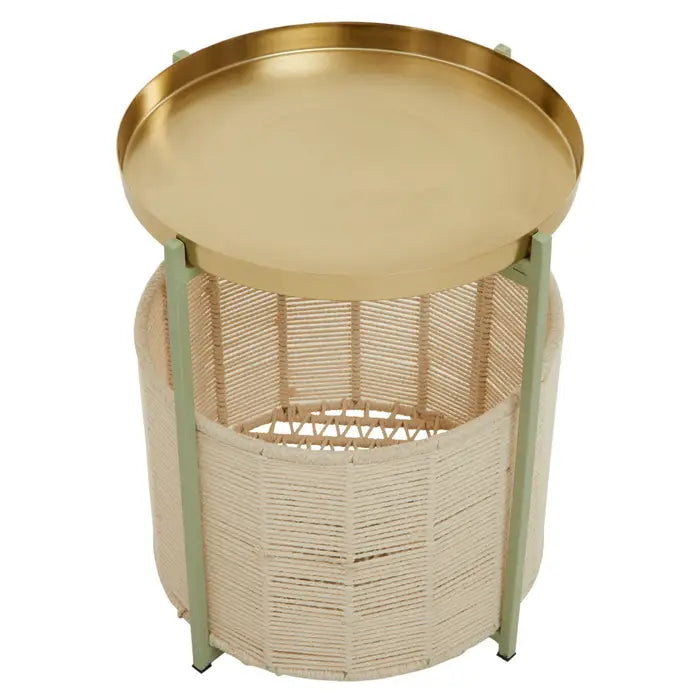 Elegant Gold & Green Metal Side Table – Wicker Basket Storage
