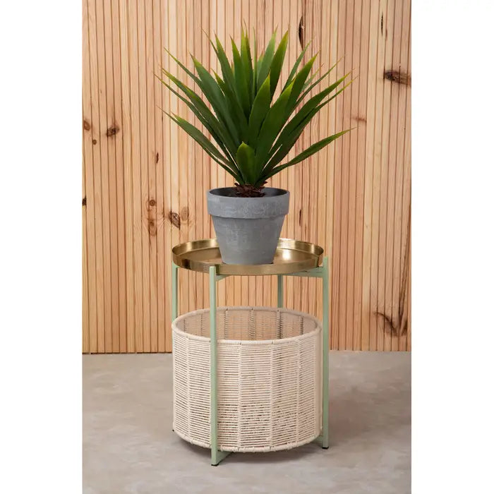 Elegant Gold & Green Metal Side Table – Wicker Basket Storage - 