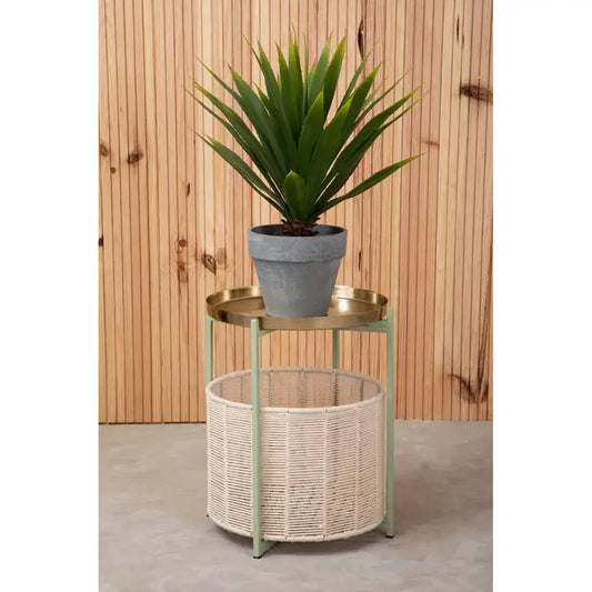 Elegant Gold & Green Metal Side Table – Wicker Basket Storage - 