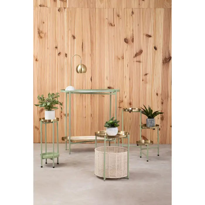 Elegant Gold & Green Metal Side Table – Wicker Basket Storage
