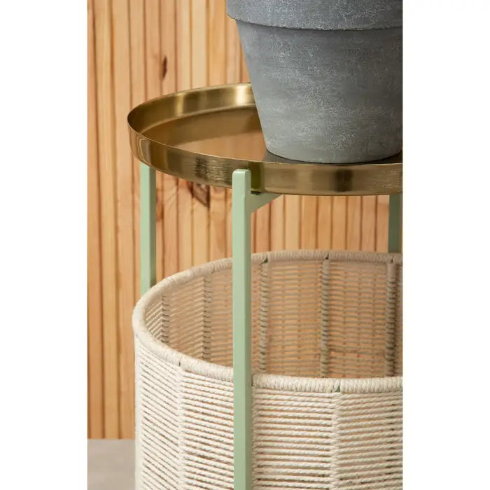 Elegant Gold & Green Metal Side Table – Wicker Basket Storage