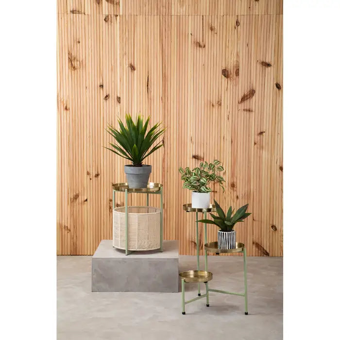 Elegant Gold & Green Metal Side Table – Wicker Basket Storage - 