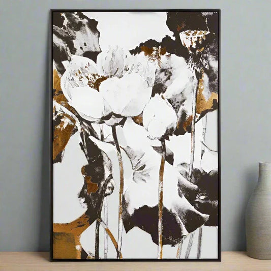Elegant Floral Abstract Wall Art – Black Accents & Wooden Frame  