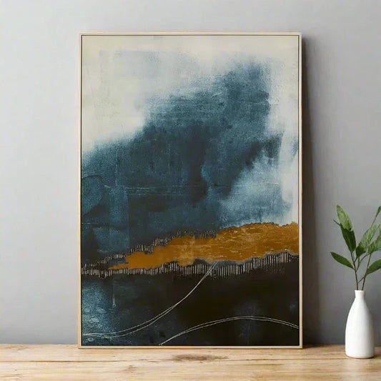 Abstract Pinewood Wall Art – Blue & Gold Tones  