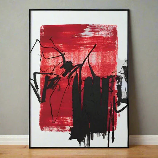 Vibrant Abstract Red & Black Wall Art – Wooden Frame  