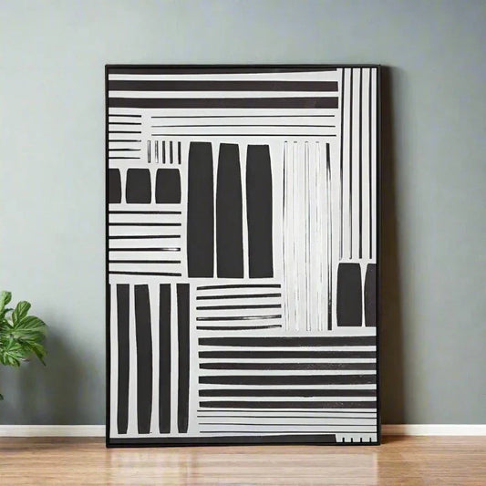 Bold Monochrome Abstract Wall Art – Black & White with Pinewood Frame  