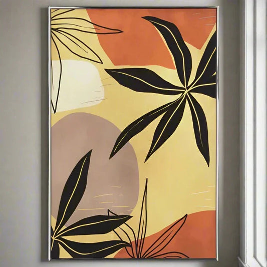 Stylish Botanical Abstract Wall Art – Black Accents & Wooden Frame  