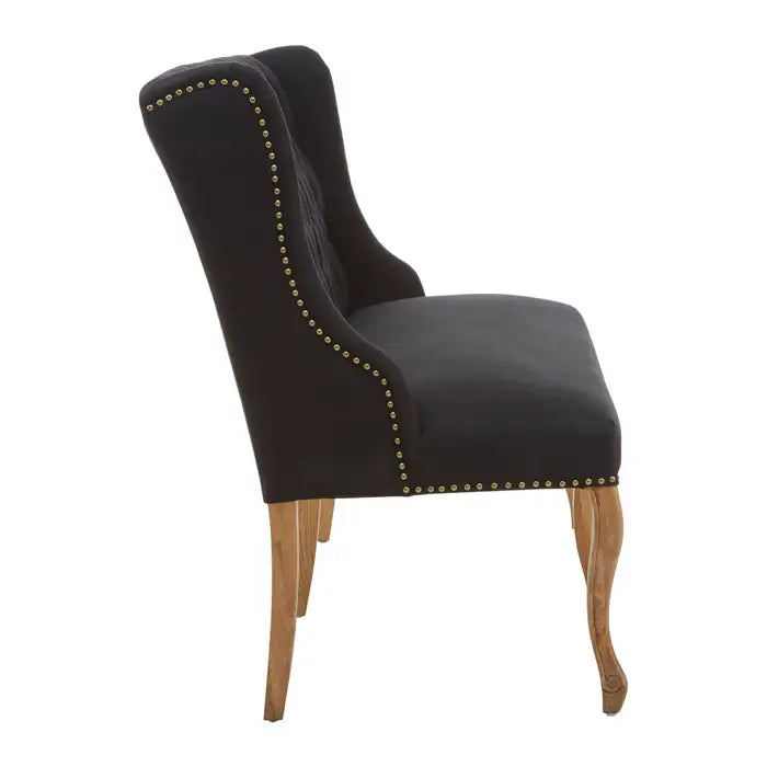 Dunbar Indoor Bench, Black Button Tufted Velvet, Natural Wood Legs