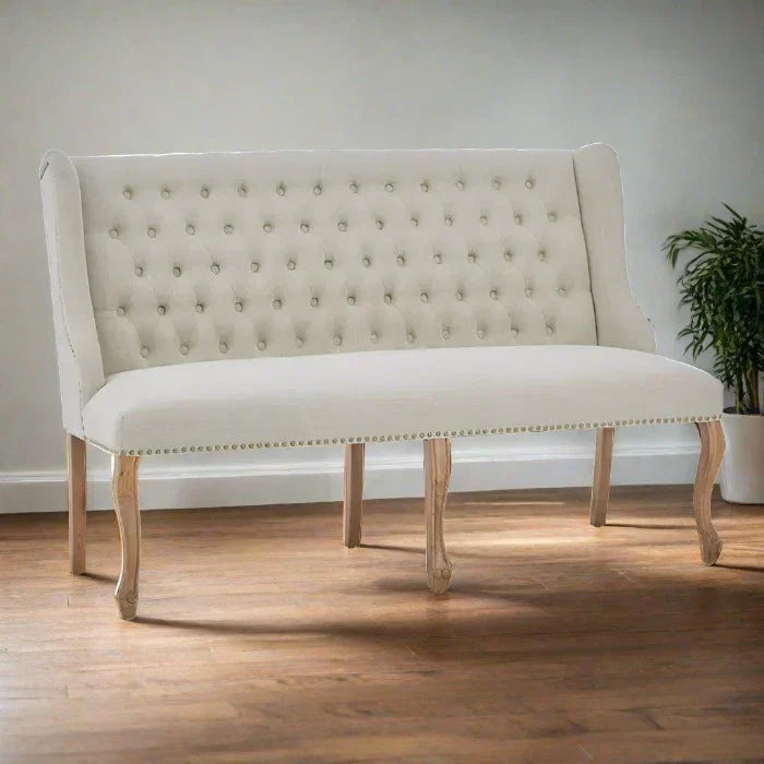 Dunbar Indoor Bench, Natural Linen Fabric, Natural Wood Legs