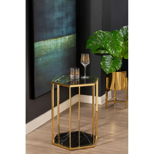 Elegant Gold Marble & Stainless Steel Side Table – Hexagonal Design with Dual Levels - 