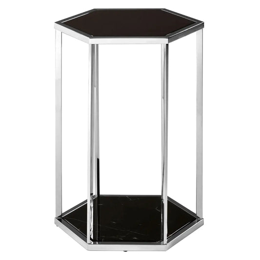 Modern Black Marble & Stainless Steel Side Table – Hexagonal Design with Sleek Finish - 