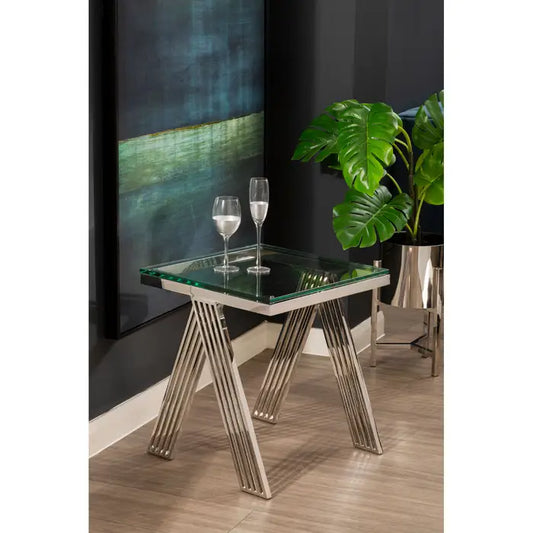  Striking Silver Glass & Stainless Steel Side Table – Modern Architectural Base Design - 