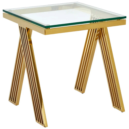 Luxurious Gold Glass & Stainless Steel Side Table – Modern Architectural Base Design - 