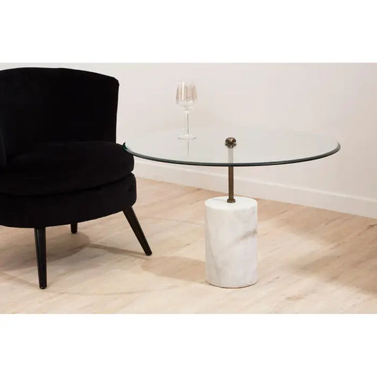 Elegant White Marble & Glass Coffee Table – Modern Cylinder Base Design - 