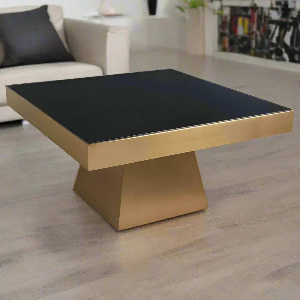 Sleek Steel Coffee Table – Black Glass Top & Modern Geometric Base  