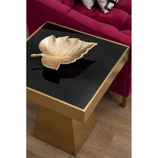  Modern Gold Side Table – Black Glass Top & Tapered Design - 