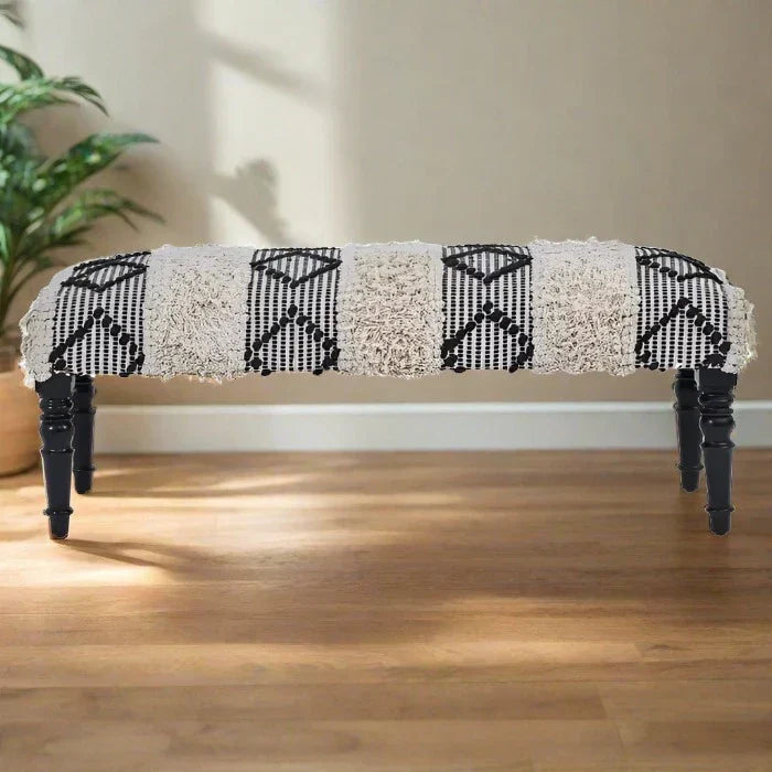 Agadir Indoor Moroccan Bench, Black And White Textured Fabric, Wood Legs