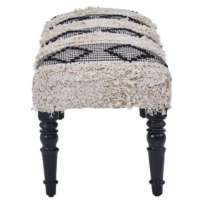 Agadir Indoor Moroccan Bench, Black And White Textured Fabric, Wood Legs