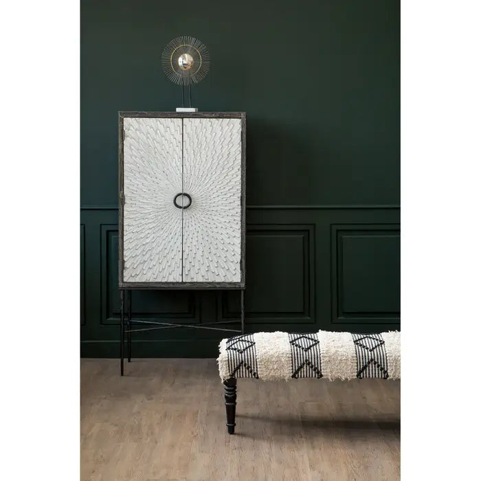 Agadir Indoor Moroccan Bench, Black And White Textured Fabric, Wood Legs