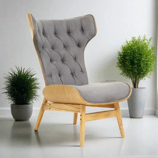 Elegant Grey Velvet High Back Lounge Chair – Tufted Upholstery & Wooden Frame  