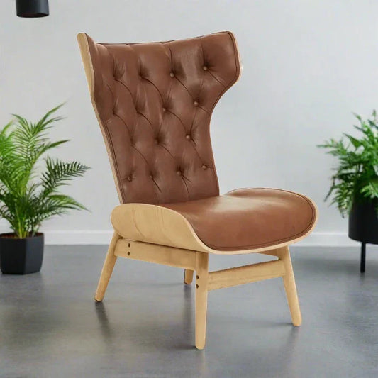 Elegant Brown Velvet HighBack Lounge Chair – Tufted Upholstery & Wooden Frame  