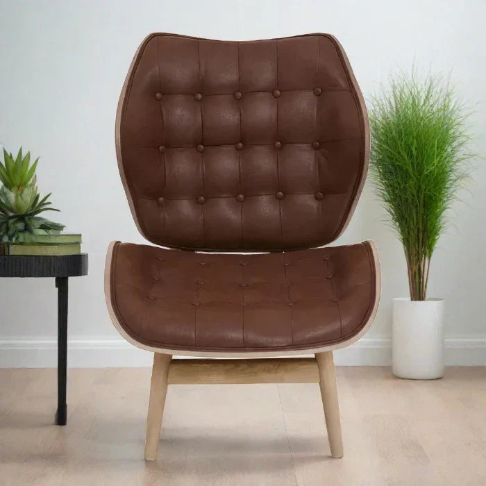 Mid Century Brown Leather Lounge Chair – Button Tufted Design & Wooden Frame  