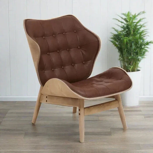 Mid Century Brown Leather Lounge Chair – Button Tufted Design & Wooden Frame  