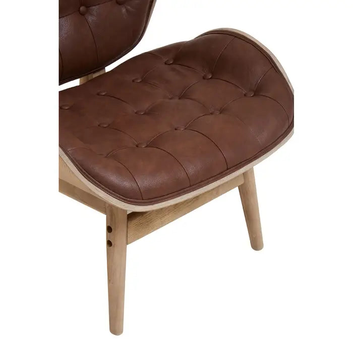 Mid Century Brown Leather Lounge Chair – Button Tufted Design & Wooden Frame
