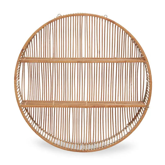 Charming Natural Round Wall Shelf – Rattan Detailing & Sturdy Metal Frame - 