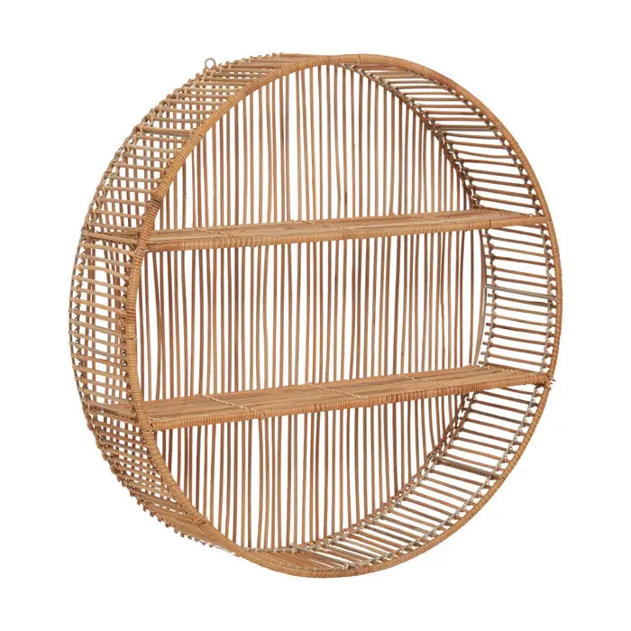 Charming Natural Round Wall Shelf – Rattan Detailing & Sturdy Metal Frame - 