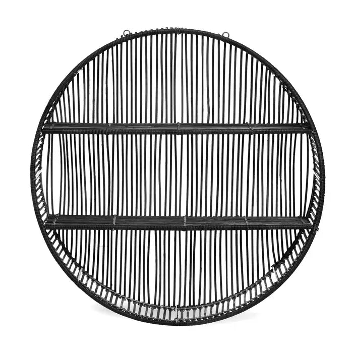 Sleek Black Round Wall Shelf – Rattan Detailing & Sturdy Metal Frame - 