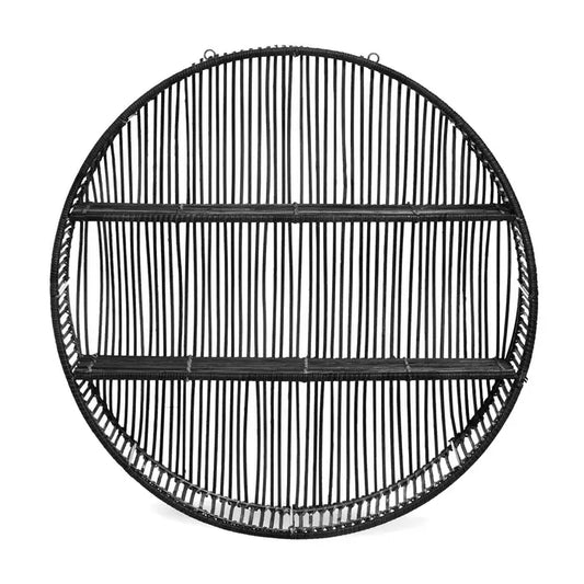 Sleek Black Round Wall Shelf – Rattan Detailing & Sturdy Metal Frame - 