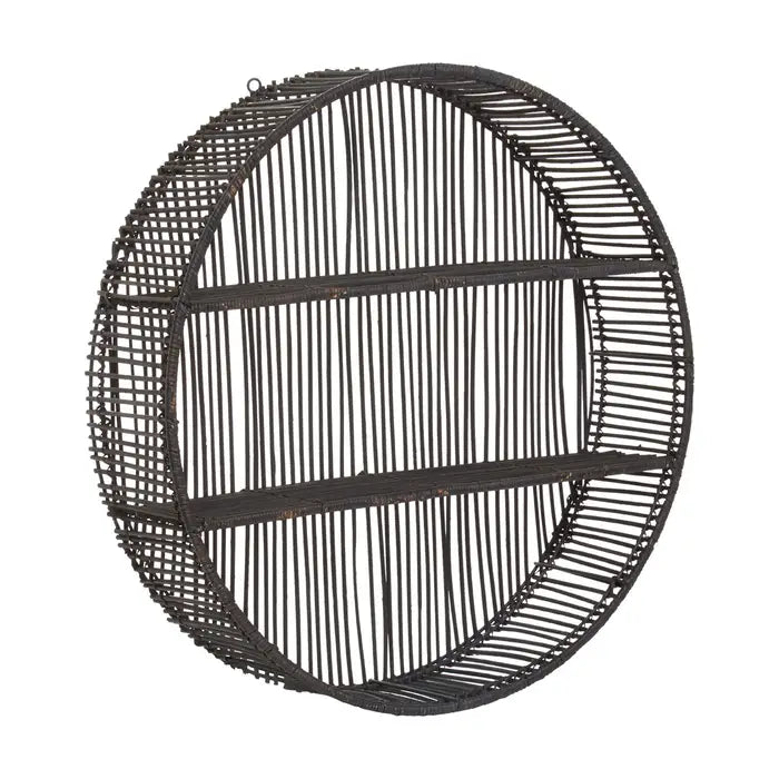 Sleek Black Round Wall Shelf – Rattan Detailing & Sturdy Metal Frame - 