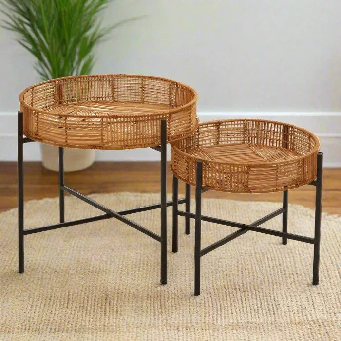 Charming Large & Small Nesting Side Tables – Rattan & Metal Round Design - 