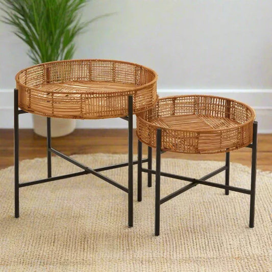 Charming Large & Small Nesting Side Tables – Rattan & Metal Round Design - 