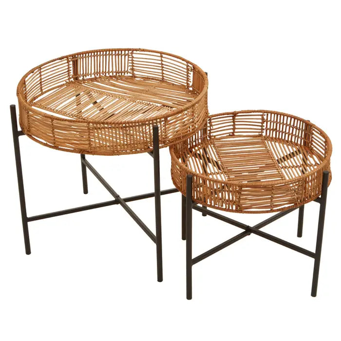 Charming Large & Small Nesting Side Tables – Rattan & Metal Round Design - 