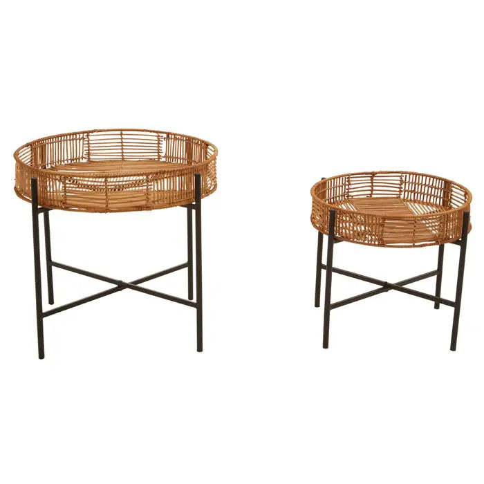 Charming Large & Small Nesting Side Tables – Rattan & Metal Round Design