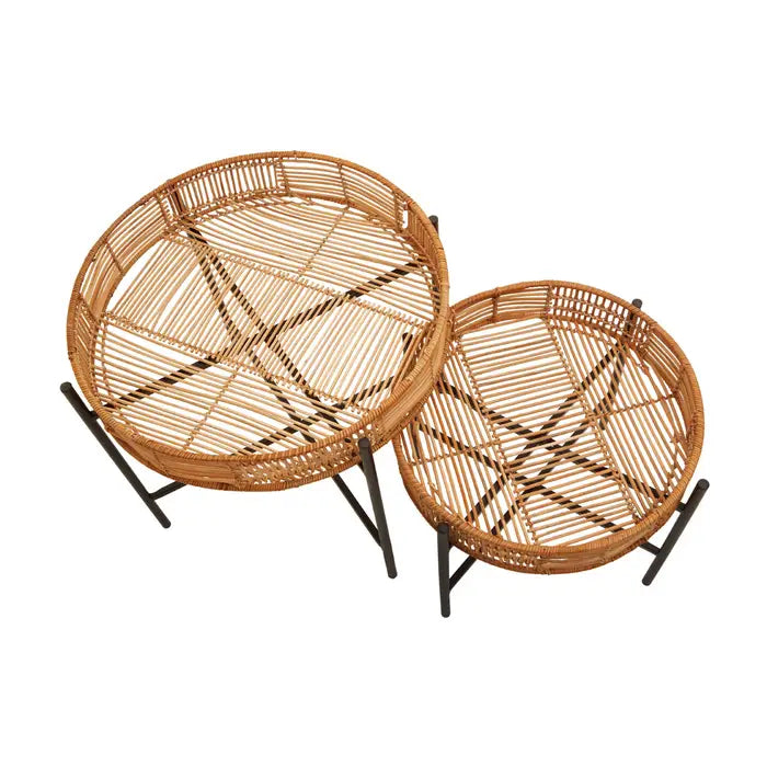 Charming Large & Small Nesting Side Tables – Rattan & Metal Round Design