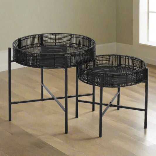 Elegant Black Rattan & Metal Nesting Accent Tables – Stylish Versatile Design - 