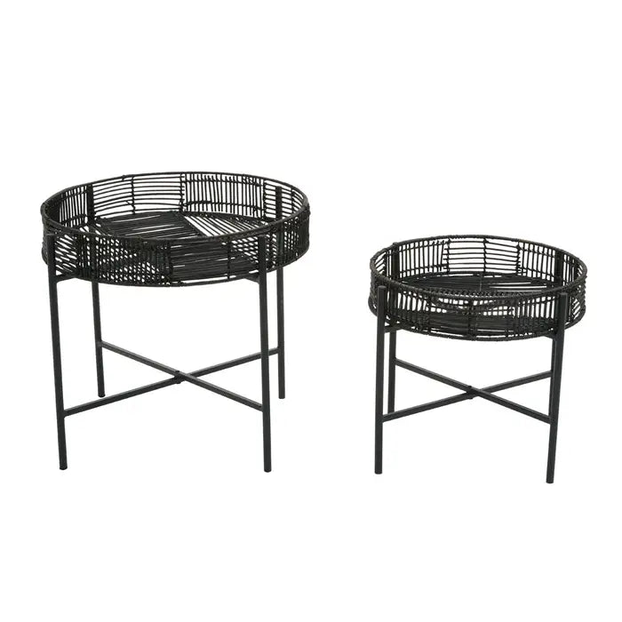 Elegant Black Rattan & Metal Nesting Accent Tables – Stylish Versatile Design - 