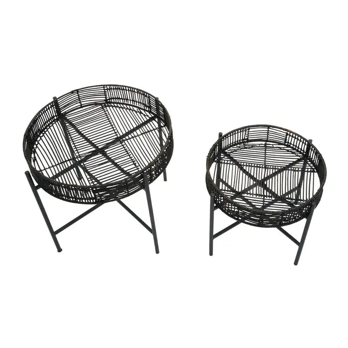 Elegant Black Rattan & Metal Nesting Accent Tables – Stylish Versatile Design