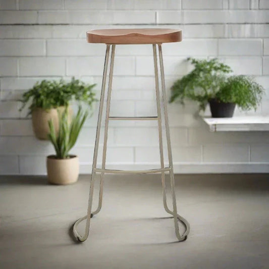 Elegant Natural Wood & Gold Bar Stool – Modern Curved Seat Design  