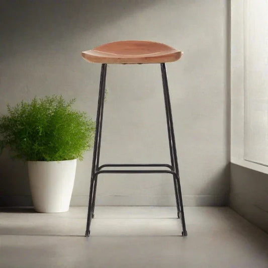 Sleek Wooden Bar Stool – Natural Wooden Seat & Black Iron Frame  