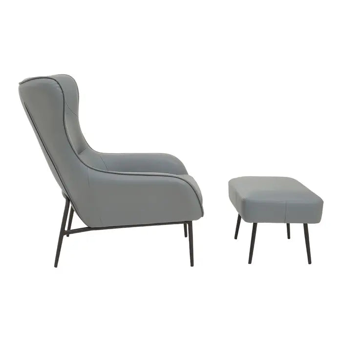 Modern Grey Faux Leather Accent Chair & Ottoman – Black Metal Legs