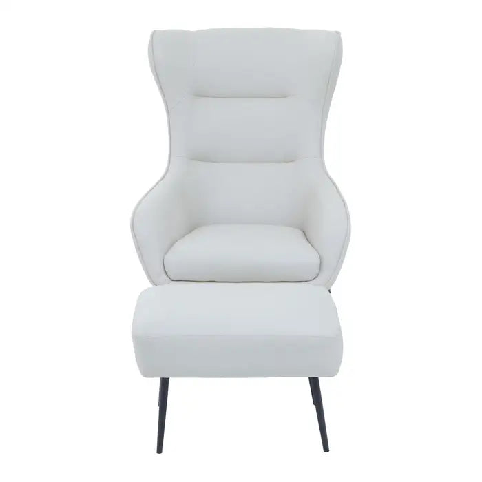Modern White Faux Leather Accent Chair & Ottoman – Black Metal Legs