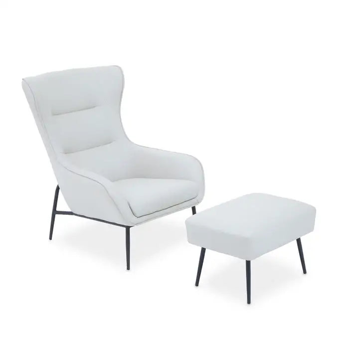 Modern White Faux Leather Accent Chair & Ottoman – Black Metal Legs