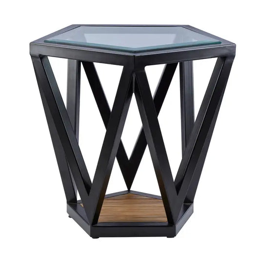 Bold Black Glass & Wood Side Table – Geometric Hexagonal Design with Open Frame - 